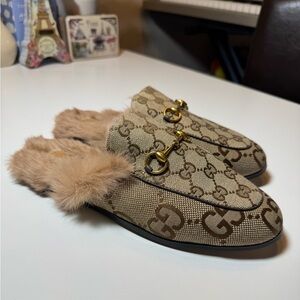 Designer Inspired Women's Beige Canvas Faux Fur Lined Mules / Loafers